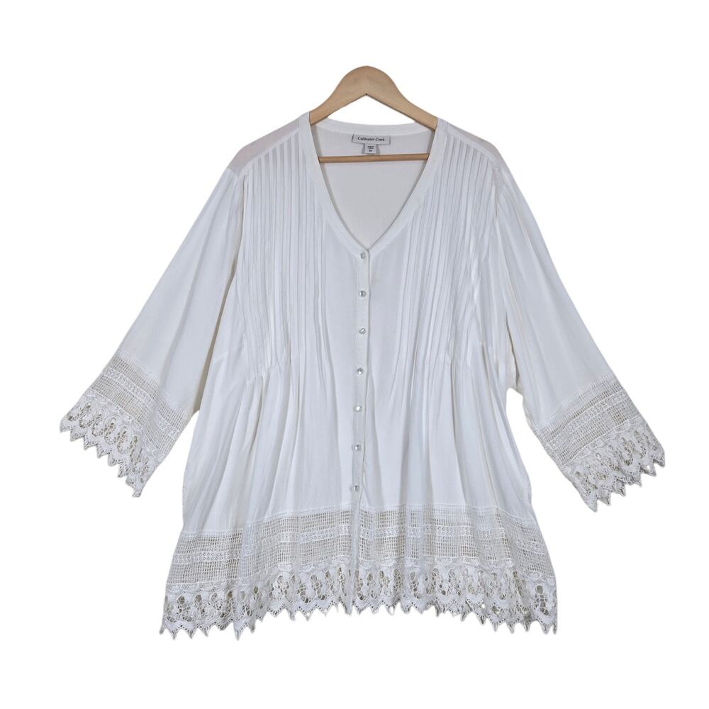 Coldwater Creek Tunic Top 3X White Button Front Crochet Lace Accents Fairy Boho